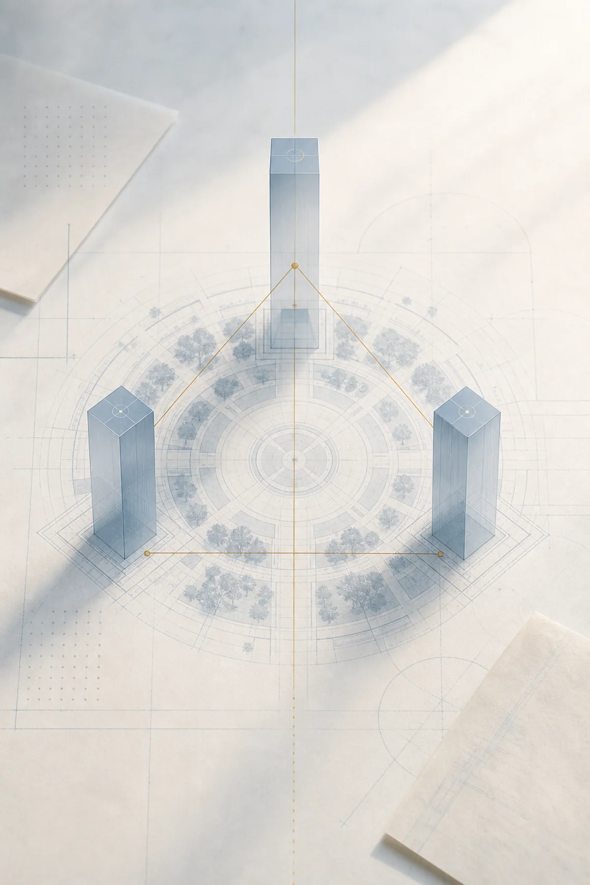 Layered civic blueprint showing a public square plan and measured structural elements